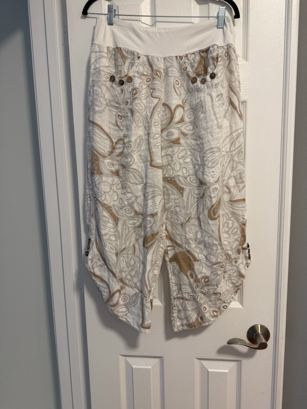 Made in Italy Linen Lightweight White & tan Printed Wide-Leg Pants in Large - Picture 4 of 14